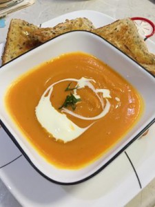 Curried Kumera (sweet potato) soup with gluten free bread